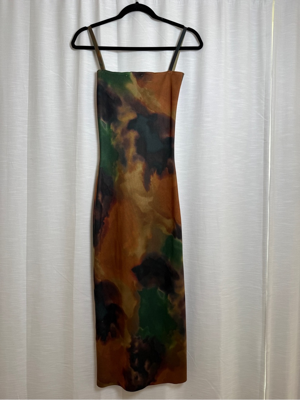 Zara Abstract Print Satin Midi Dress Brown Green Bodycon Slip Dress | Size S - Picture 10 of 13